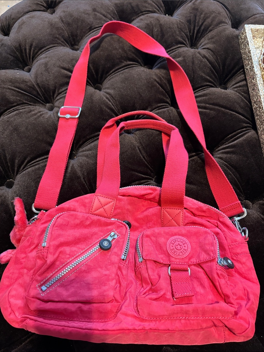 Kipling Red Nylon Multi-Pocket Shoulder Bag with Removable Strap